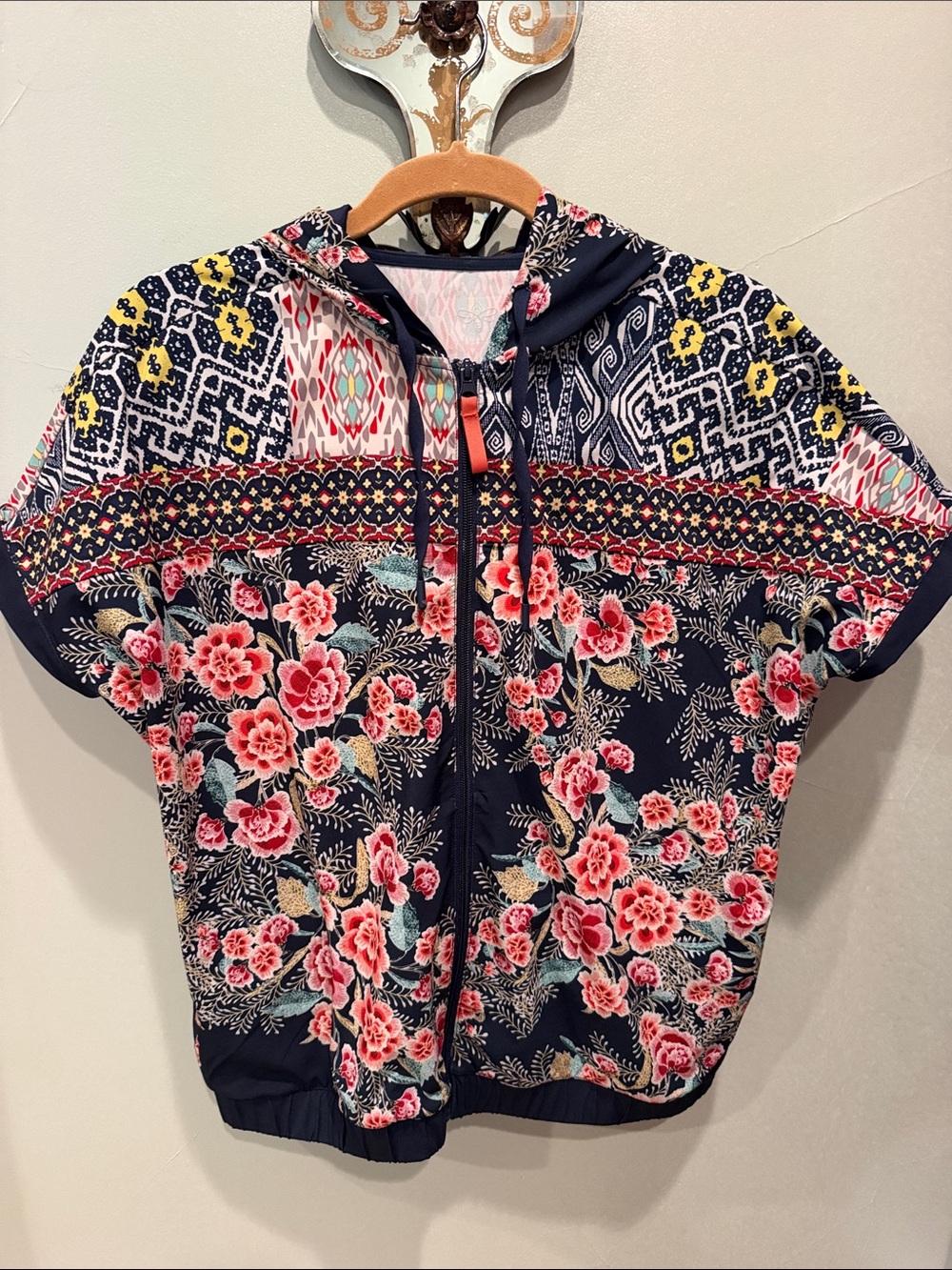 Johnny Was Navy Hoodie Bomber Jacket with Pink Floral & Yellow Accents